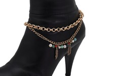 Femme Métal Or Chaîne Ouest Coffre Bracelet Chaussure Bohème Indien Plume Charme
