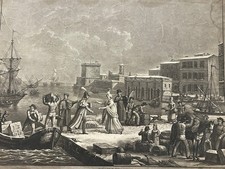 Grande estampe signée XIXème scène marine port Jazet retrouvailles quai