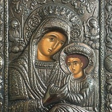 Icône Byzantine Vierge Couronnée à l'Enfant Bois et Argent 950 - Solid Silver