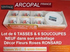 RARE ARCOPAL FRANCE Vintage NEUF Lot Boîte TASSES SOUCOUPES Décor Fleurs RONSARD