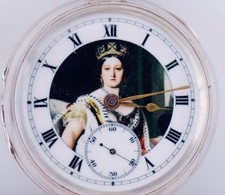 Antique Poche Montre Lourd Émail Sterling Argent Cadran Portrait Reine Victoria