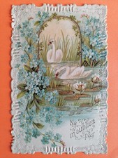 CPA Gaufrée DENTELLE Cygnes Lac Myosotis Nénuphars NE M'OUBLIEZ PAS