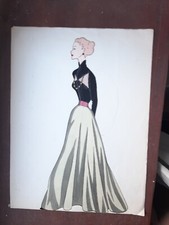 DESSIN ORIGINAL CROQUIS MODE HAUTE COUTURE PEINTURE AQUARELLE ANNEE 1950