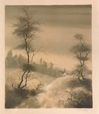 Lithographie Bernard Charoy signé numérotée 65/150, village au lointain 54X46cm