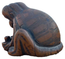 Netsuke bois sculpte singe carapace tortue Japanese Antique carved wood 19c