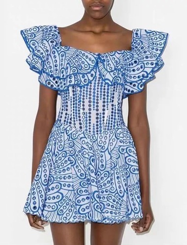 Robe bleu blanc brodé court - bleu,