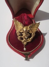 Broche pendentif ancien 1900 - Chimère dragon - Or jaune massif 18 carats Perle