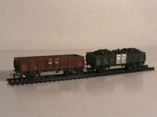 lot 2 wagons tombereaux HO JOUEF/WAG MARRON CABOSSE/WAG VERT CHARGE CHARBON/ OCC