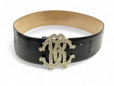 CEINTURE ROBERTO CAVALLI T80 EN CUIR DE PYTHON NOIR BOUCLE LOGO STRASS BELT 590€