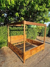 Lit baldaquin bois clair massif TBE 180x200 fabriqué main 