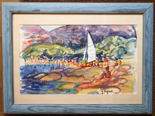 tableau aquarelle de Gérard Fagard (1938-2021): plage animée
