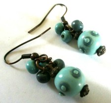 boucles d'oreilles percées en cuivre tombantes perle turquoise bijou vintage 624