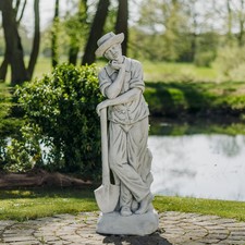 Statue de jardinier homme à la bêche, fonte de pierre, H. 140 cm, 140 kg, gri...