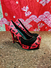 T.U.K. Sky-Hi Hearted Bow Platform Heels with Black Ruffles in Red/Black, Sz 10