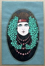 Gravure Pochoir Art Déco Portrait Stylisé Visage de Femme Mode Sautoir  Grappes