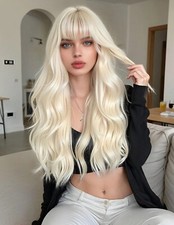 Perruque Synthétique Longue Blond Platine A Frange Bouclé Kit Complet Pro