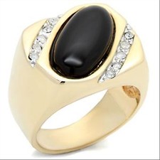 Bague chevalière homme plaquée or zircon transparent et cabochon imitation onyx