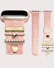 Bracelet De Montre Rose En Silicone Femme Gravée Florale Fleurs Apple Watch