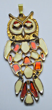 Grand Pendentif chouette hibou couleur or émail cloisonné bijou vintage 5254