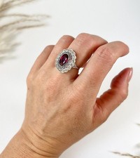 Ancienne bague halo ovale à grappe tourmaline rose art déco années 1920...