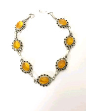 Ancien Bracelet Cabochons Ambre Naturel Sur Argent Massif 925.