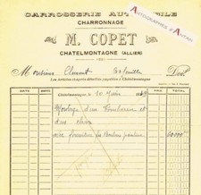 ● Carrosserie automobile COPET à Chatelmontagne ALLIER Facture 1949 C. Arfeuille