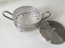 POT COUVERT SUCRIER CONFITURIER DRAGEOIR EN METAL ARGENTE ET CRISTAL 1950-1960