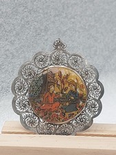 Ancien Pendentif Nacre Peint À La Main Et Filigrane Decor Asie