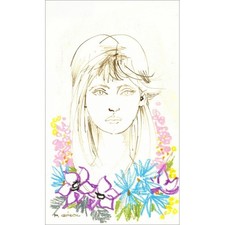 GIROL Paul - Dessin original "Portrait aux fleurs" 21x12cm