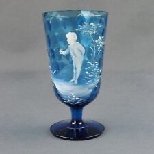 Un Verre Sur Pied Bleu Emaillé Blanc Décor  Jeune Garçon- Mary Gregory Fin XIXe