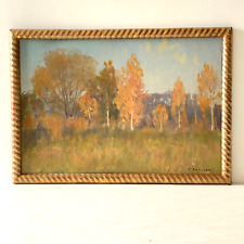 Tableau Ancien Huile s/Carton Ecole Russe Paysage - L'été Indien- Signé