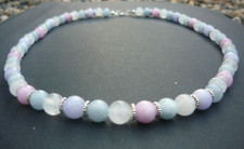 Collier de perles Aigue marine, Quartz blanc, Calcédoine, Angélite (50cm) Femme