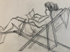Dessin Atelier Crayon Papier Femme Art Déco Chaise Longue Lecture Livre Ancien