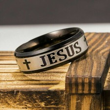 BAGUE/ANNEAU HOMME ACIER INOXYDABLE "JÉSUS" NOIR/argenté