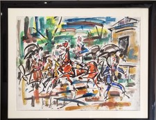 GEN PAUL(1895-1975) SUPERBE GOUACHE. LE PADDOCK. AUTEUIL SOUS LA PLUIE. COURSES.