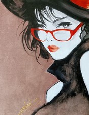 TABLEAU PEINTURE TOILE LA DAME AUX LUNETTES PORTRAIT POP ART ORIGINAL CHRISK