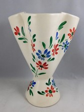 VASE CORNET  CERAMIQUE VINTAGE SIGNE CAMART ANTIBES DECOR FLORAL PEINT HAUT 22CM