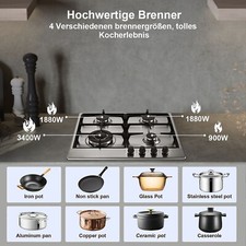  60 cm Plaque de cuisson à gaz 4 feux inox Cuisinière à gaz encastrable NG/LPG