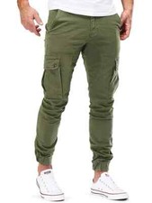 Pantalons Homme Cargo Slim Fit Vert Militaire Avec Poches Latérales Casual U006