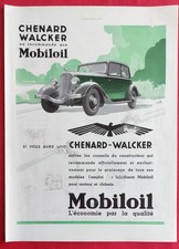 Publicité de Presse: Automobile CHENARD WALCKER Recommande l'Huile MOBILOIL 1934