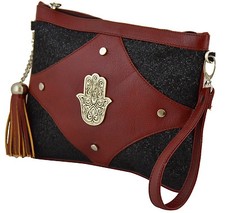 Moroccan Faux Leather Purse Clutch Pouch Hamsa Cosmetic Bag Wrist-let Burgundy
