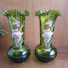 Paire Vases Legras En Verre Vert Émaillé Décor Fleurs Art Nouveau 