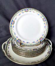 Service à gâteau en porcelaine de Limoges décor guirlande fleurie bleu et rose