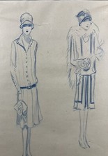 Dessin Crayon Portrait de Femmes Défilé de Mode Modèles Période Art Déco