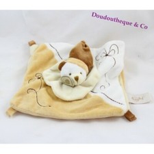 Doudou plat ours BABY NAT' carré marron blanc fleur 26 cm (F1384)