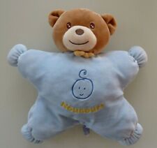 *. DOUDOU COUSSIN NOUNOURS OURS BLEU MARRON NOEUD JAUNE TETE BEBE 29cm EXC. ETAT