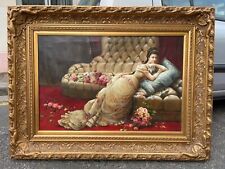 Ancien Tableau Huile Toile Cadre Doré Bois Femme Couché Allongé Lit Robe Sommeil