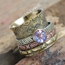 Bague toupie anti-stress en argent sterling 925 pierre précieuse ronde en amé...