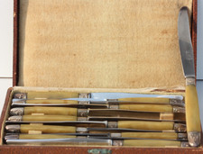 8 COUTEAUX ANCIENS - G * G - LAMES INOX - L. 25 cm - MANCHES EN RESINE