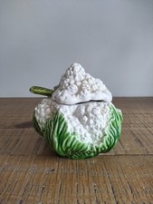 Saucière En Barbotine En Forme De Choux Fleur Trompe L'oeil Vert Blanc - Vintage